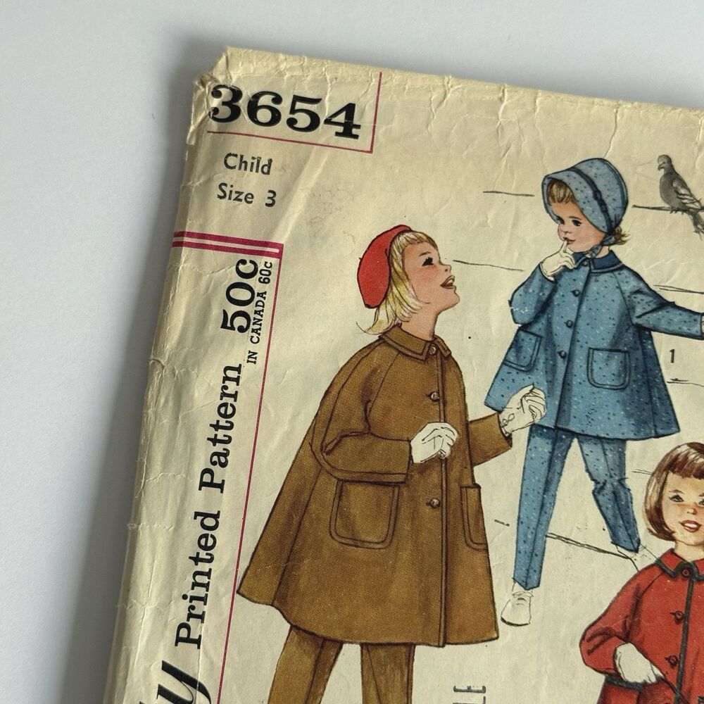Vintage 1960s Simplicity 3654 Child Pea Coat Pants Hat Sewing Pattern Sz 3 - Picture 4 of 8